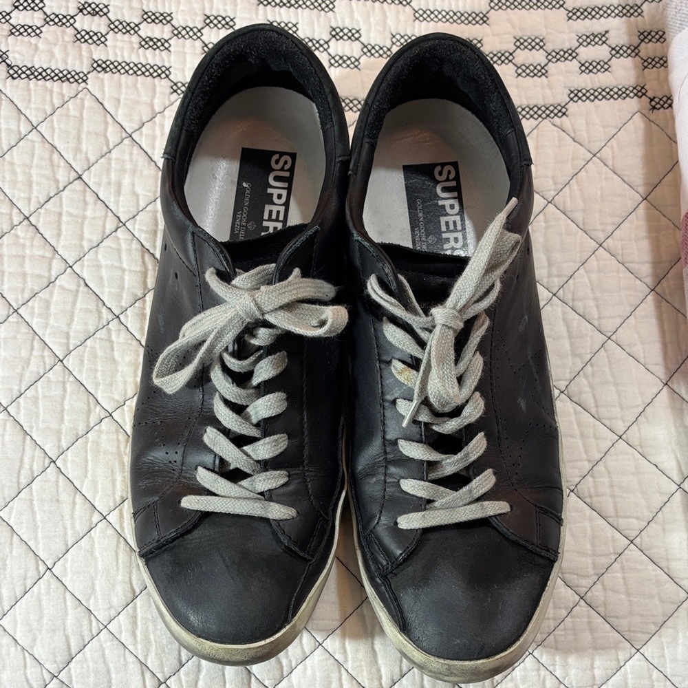 Golden Goose Black Leather Sneakers with White Laces